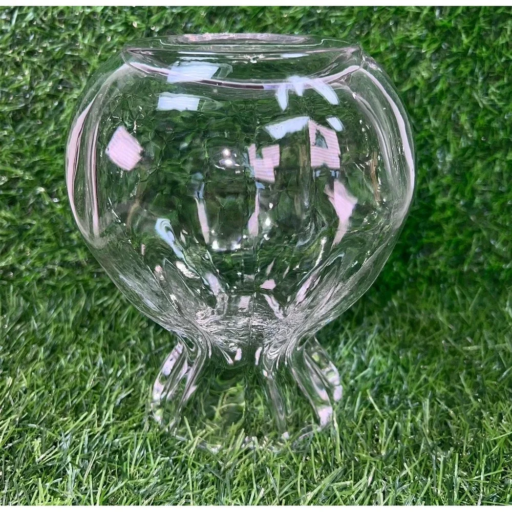 Clear Glass Drawstring Bag Pouch Vase Ruffled Rim Ribbed Texture 7in